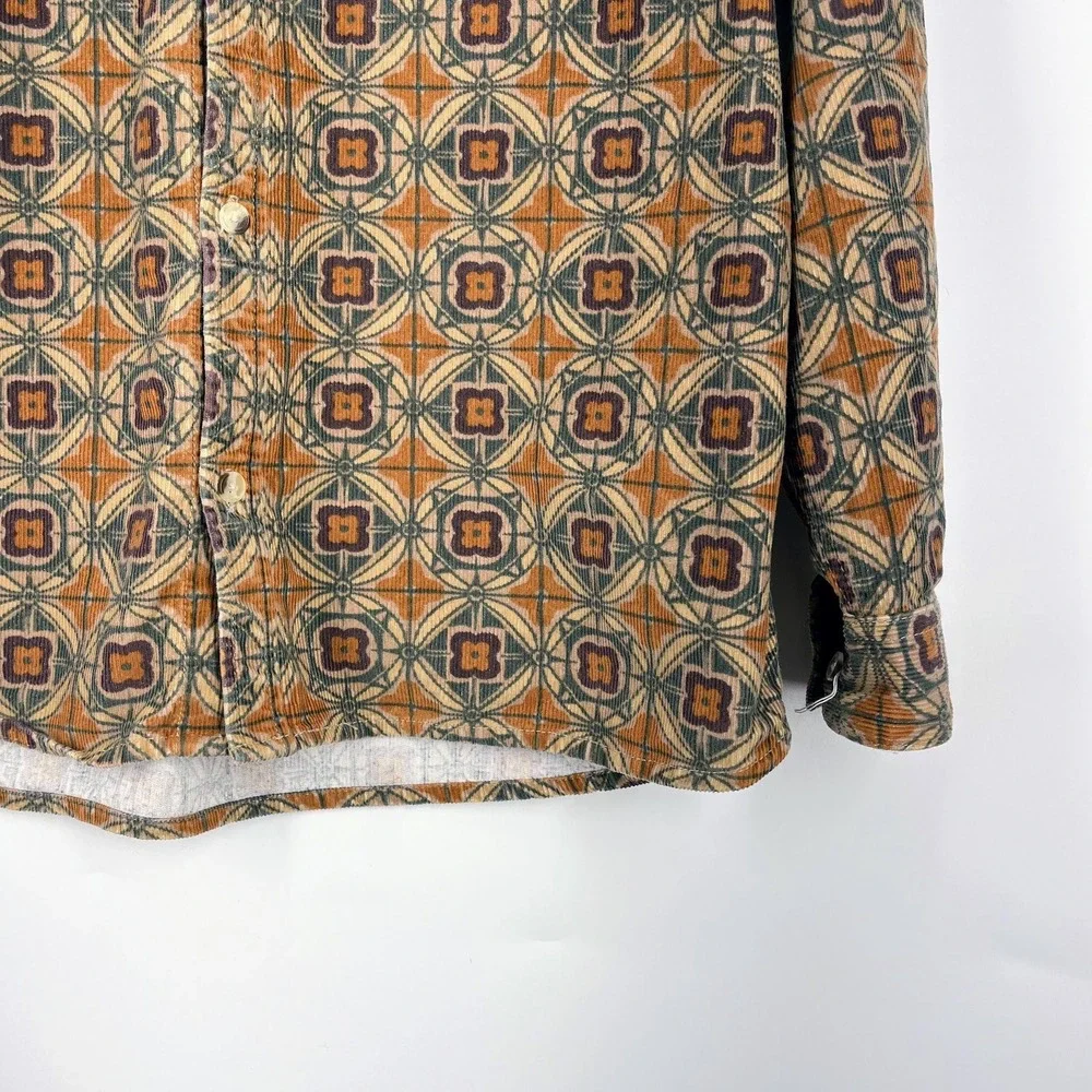 Urban Outfitters‎ Mens Corduroy Geometric Medallion Print Shirt Brown Tan Large